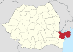 Administrative map of Romania with Tulcea county highlighted