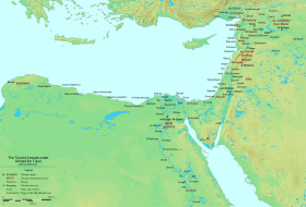 Geophysical map of the Eastern Mediterranean, with cities marked in black and provinces in red