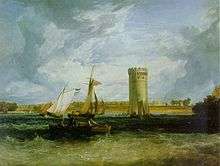  A painting of a lake with choppy waves, a sailing boat and a tall round tower