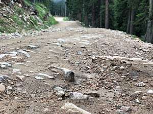 Typical condition of the road on Rollins Pass. This photograph was taken facing southwest on the road near the Riflesight Notch trestle on the west side of Rollins Pass.