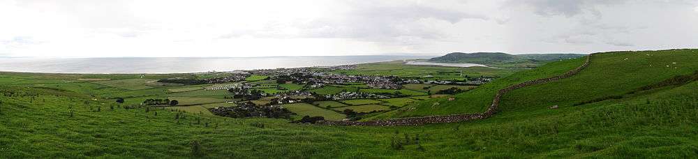 Panorama of the Welsh town Tywyn showing it nestled between hills and with the sea behind. A reservoir is visible in the background.