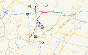 A map of far western Maryland showing major roads.  U.S. 219 runs the length of Garrett County, connecting Oakland with I-68.