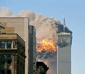 Twin towers of the World Trade Center collapsing after the September 11 attacks.