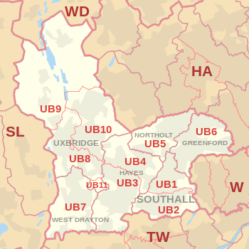 UB postcode area map, showing postcode districts, post towns and neighbouring postcode areas.