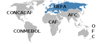 A map of the world. The blue area, marked "UEFA", covers continental Europe, the British Isles, Iceland, and parts of Northern Asia and the Middle East.