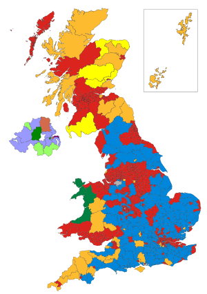 A map of Great Britain and Northern Ireland, in which each parliamentary constituency is shaded a different colour.