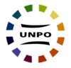 A wheel broken up into pieces and colored like a rainbow with "UNPO" in the center