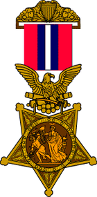 1896 version of the Medal of Honor with a golden five pointed star being clutched in the claws of an eagle. The eagle is suspended from a red and white striped ribbon.