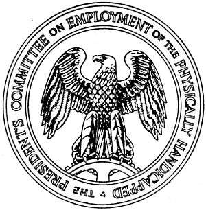 A round seal with the words "The President's Committee on Employment of the Physically Handicapped" around the edge. In the center is an eagle standing on a spur gear and facing to its right.