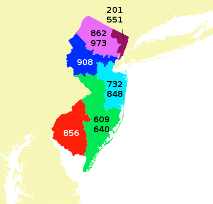 Area code map of NJ. 609/640 is in green.