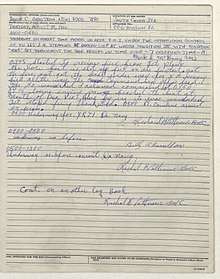 Handwritten logbook page with Richard Patterson's remarks from the day of the friendly fire incident