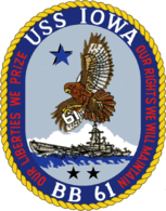 Seal of the Battleship USS Iowa (BB-61), featuring a blue and gold trim around a small image of the battleship and an eagle in the air. The words "USS Iowa" and "BB 61" can be seen at the top and bottom of the circle, while the left and right of the circle contain the words "our liberties we prize" and "our right we will defend", respectively.