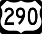 Image of US 290 highway shield. The shield is white on a black rectangular background. Within the shield is the number 290.