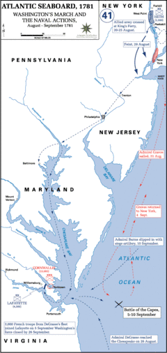Map of the eastern seaboard showing naval movements prior to the siege of Yorktown