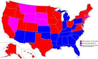 Red states require front & rear plates - Blue states require rear plate only - Pink states require rear plate only (for passenger vehicles)