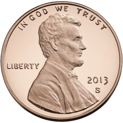 A 2013 one-cent coin from the United States (valued at 1/100 of a dollar), known colloquially as a penny.