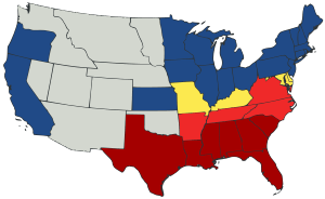 Map of U.S. showing two kinds of Union states, two phases of secession and territories
