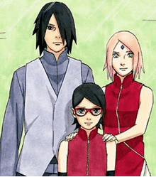 A colored manga image showing a girl with long, swept-back, dark hair wearing red-framed glasses and a sleeveless red tunic. Behind her to the viewer's left stands a young, tall man wearing a gray tunic and long-sleeved shirt; he has long, parted hair that covers his left eye. To his left, there is a shorter young woman with long pink hair and green eyes, wearing a sleeveless red tunic; her hands are placed on the girl's shoulders.