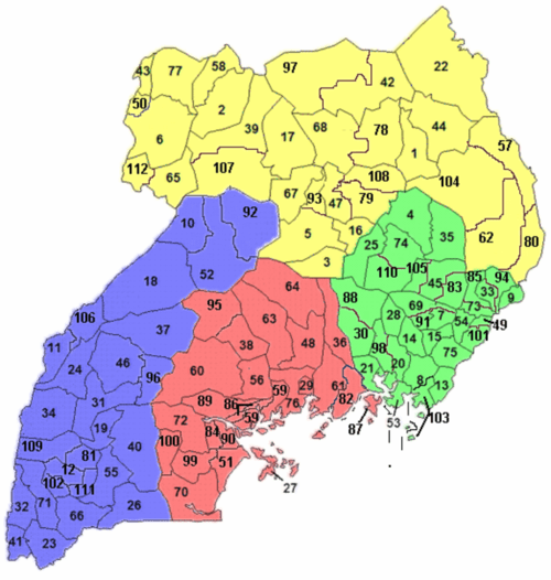 A clickable map of Kampala and the 111 districts of Uganda as of 2010.