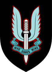 Emblem of a winged sword with the motto, "Who dares, wins"
