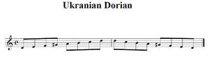 a visual representation of the Ukrainian Dorial scale D, E, F, G&#x266f;, A, B,C, D