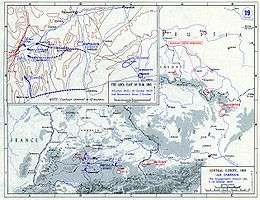 Map with scattered lines showing the westward advance of the French army.