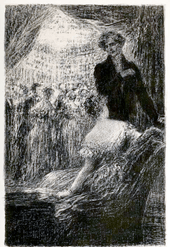 black and white drawing of young man in 19th evening costume with a young woman in ball gown