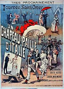 theatre poster in bright colours showing a smartly-dressed young man of the mid-19th century, being pursued by a bride and a large crowd of followers