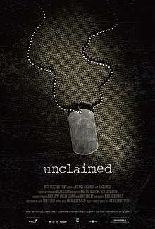 The poster shows a blank dog tag on the ground. Below the tag is the film title "Unclaimed".