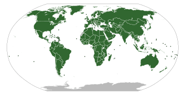 A political map of the world with all territories shaded green to denote United Nations membership, except Antarctica, the Palestinian territories, the Vatican, and Western Sahara, which are grey