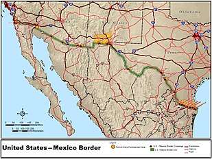A map of North America, centred and zoomed in to focus on the Mexico–United States border