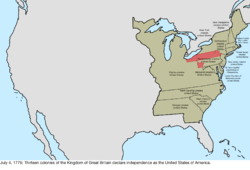 Map of the change to the United States in central North America on July 4, 1776
