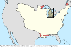 Map of the change to the disputes involving the United States in central North America on August 16, 1812