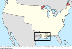 Map of the change to the international disputes involving the United States in central North America on February 22, 1821