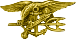 A gold image depicting an eagle perched on an anchor, clutching a trident with one claw and a gun in the other.