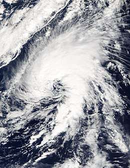 View of the storm from Space on October 4, 2005. Though located over the open Atlantic Ocean and middle east, the Azores are visible on the northern side of the image.
