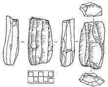 Line drawing of a cylindrical blade core. Image shows six view angles. Drawn from a specimen in the Burke Museum archaeological collection.