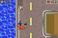 An orange yeti walks forward on a street towards a blue police officer, and both figures are seen from above. Water sits to the left of them in what appears to be an ocean.