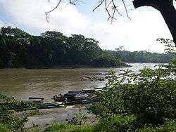 Boats line the near shore of a middle-sized river in a forest.