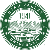 The seal of Utah Valley University, with a representation of the main campus and Mount Timpanogos behind it