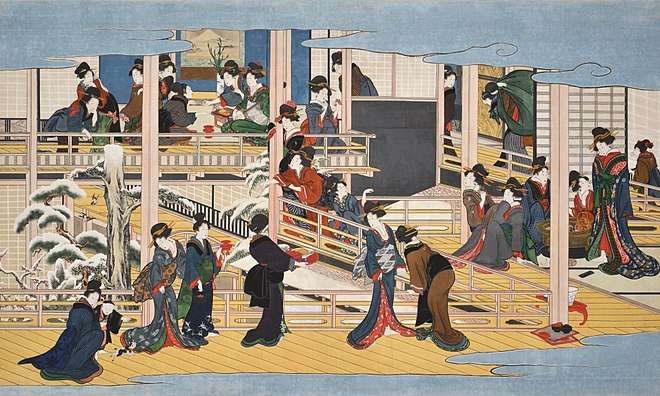 A painting of finely-dressed Japanese women in various buildings in winter