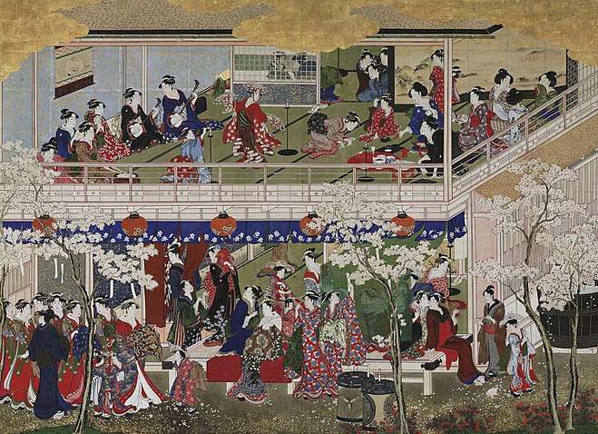 A painting of finely-dressed Japanese women at a cherry blossom–viewing party