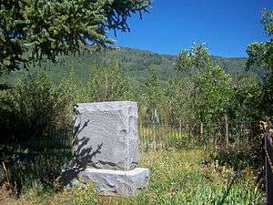 A square rusticated stone marker on a pedestal next to an evergreen tree in a grassy area with a low metal fence around it. In the background is a wooded ridgeline.