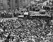 A Valentine tank destined for the Soviet Union leaves the factory in the United Kingdom.