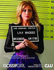 A mug shot of a blond woman dressed in purple polka dotted dress and tight black leather jacket. She looks slightly to the right of the viewer and holds a sign stating "Los Angeles Police", "Lily Rhodes", and numbers. 3/4 of the way down, the episode's tagline, series, premiere date, and network are written in white.
