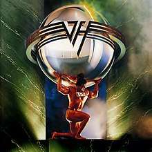 A painting of a man holding up a globe with the Van Halen "VH" flying-V logo around it