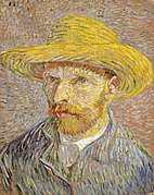  A portrait of Vincent van Gogh from the left, with a relaxed look, a red beard and wearing a straw hat.