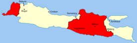 A map of Java; parts of the map are highlighted red.