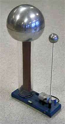 Large metal sphere supported on a clear plastic column, inside of which a rubber belt can be seen clearly: A smaller sphere is supported on a metal rod. Both are mounted to a baseplate, on which is a small driving electric motor.