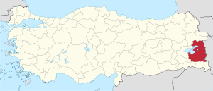 Van highlighted in red on a beige political map of Turkeym